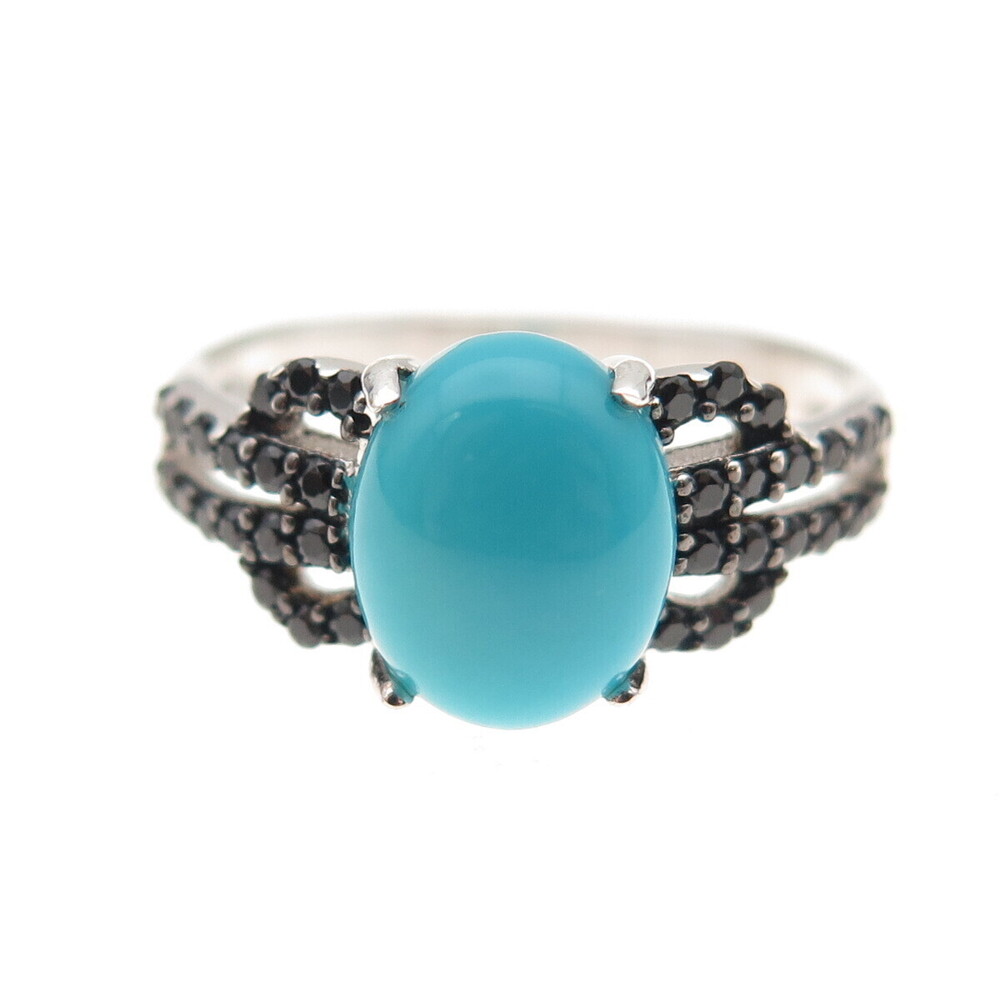 925 Sterling Silver Real Kingman Turquoise & Black Spinel Ring Size 8 - Picture 3 of 8